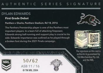 2022 NRL Traders - Authentic Signatures Black #ASB11 Dylan Edwards Back